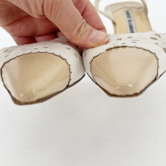 Manolo Blahnik Retro Floral Eyelet Beige Pointed Cap Toe Slingback Heel - Picture 7 of 10